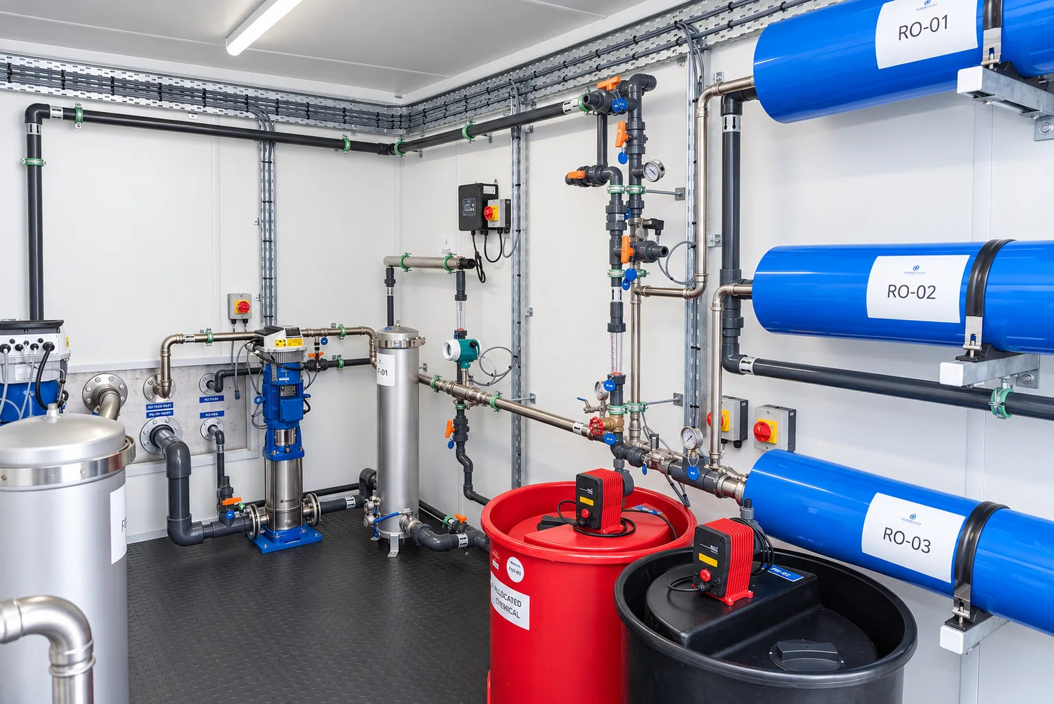 Reverse osmosis, dosing and service access inside the enclosure